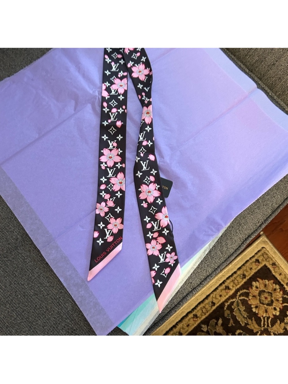 Louis Vuitton Black and Pink Monogram Floral Silk Twilly Scarf - Picture 5 of 5